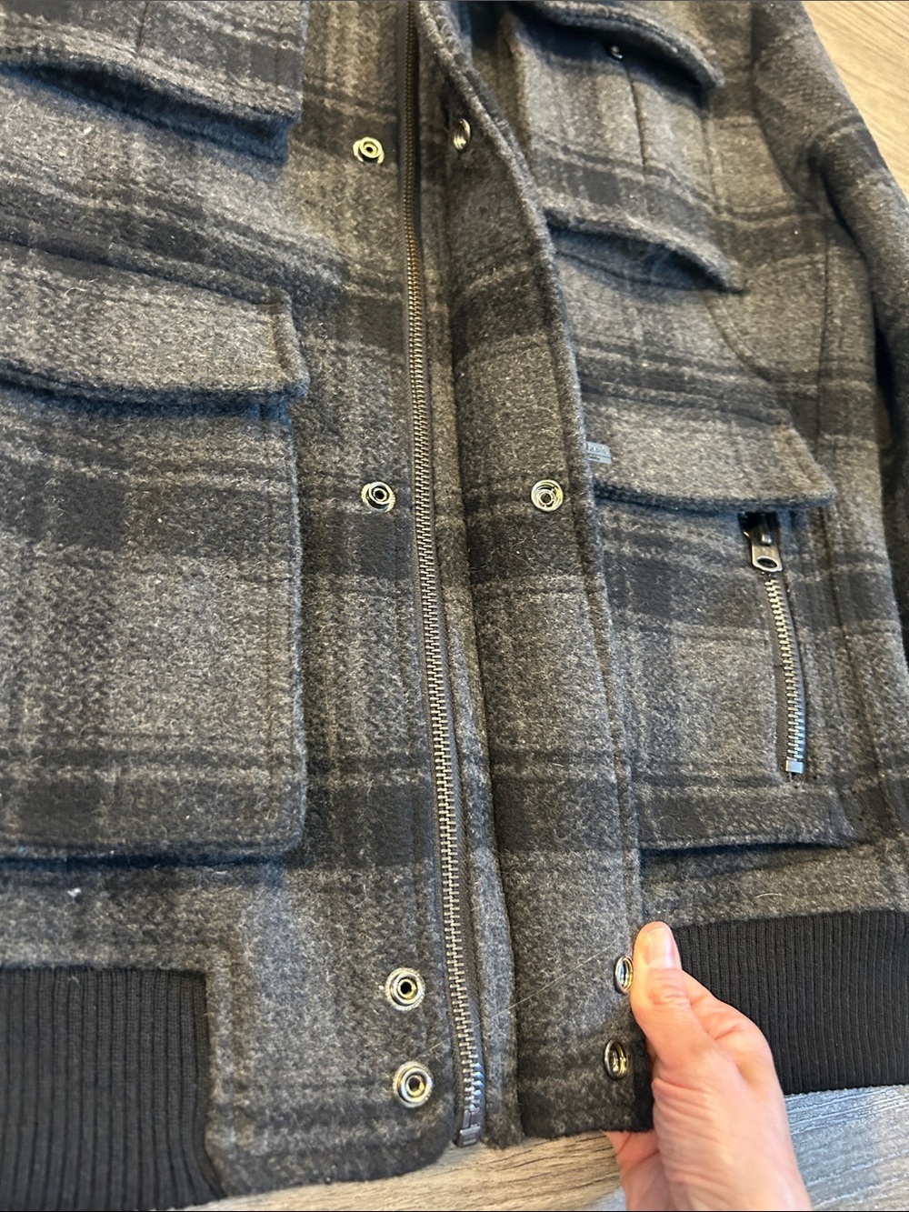 Projek Raw Wool Blend Plaid Bomber Jacket Gray Black Utility Zip Snap Men’s L - Picture 6 of 13